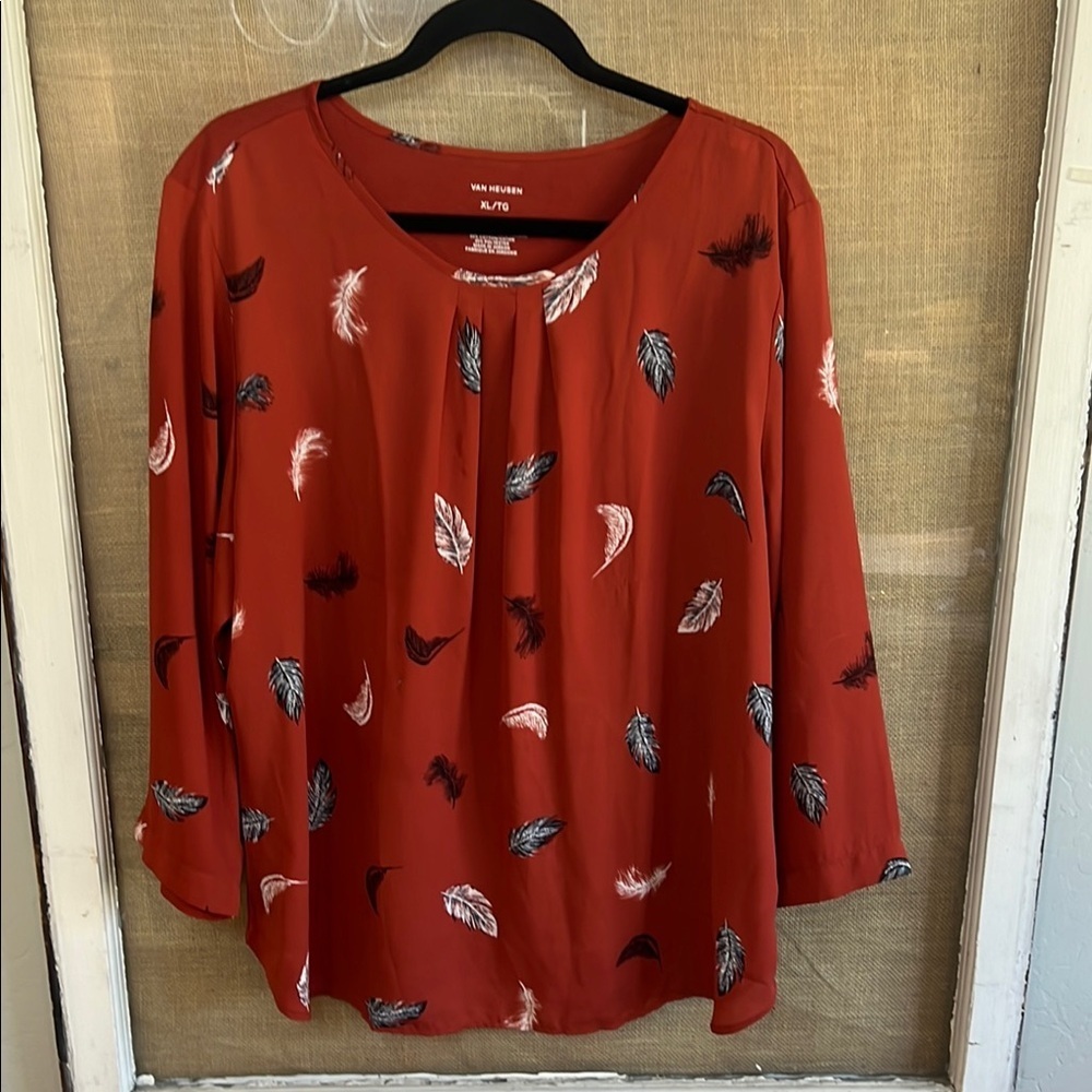 Van  Heusen Women's Red Feather Print  Business Casual Top with 3/4 sleeve